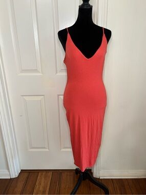 Sabora Coral Slip Midi Dress - V-Neck Spaghetti Straps